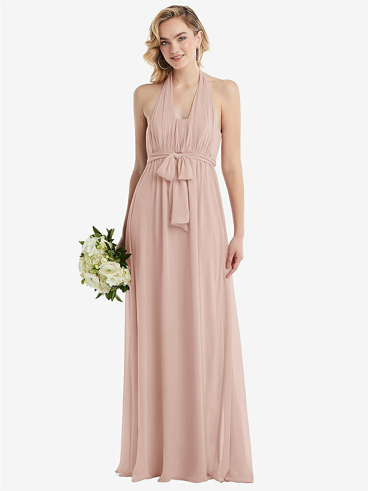 【STYLE: TH095】Empire Waist Shirred Skirt Convertible Sash Tie Maxi Dress【COLOR: Toasted Sugar】