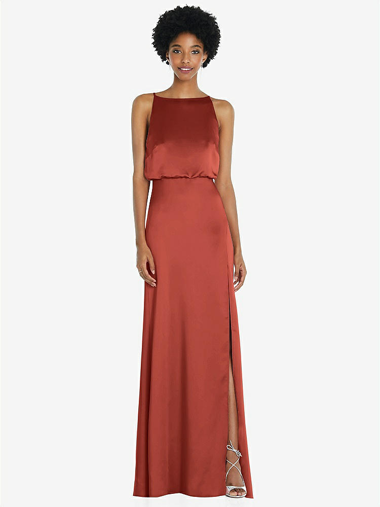 【STYLE: 8218】High-Neck Low Tie-Back Maxi Dress with Adjustable Straps【COLOR: Amber Sunset】