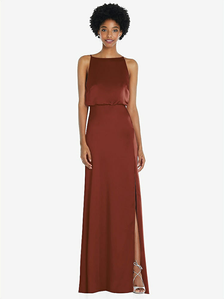 【STYLE: 8218】High-Neck Low Tie-Back Maxi Dress with Adjustable Straps【COLOR: Auburn Moon】
