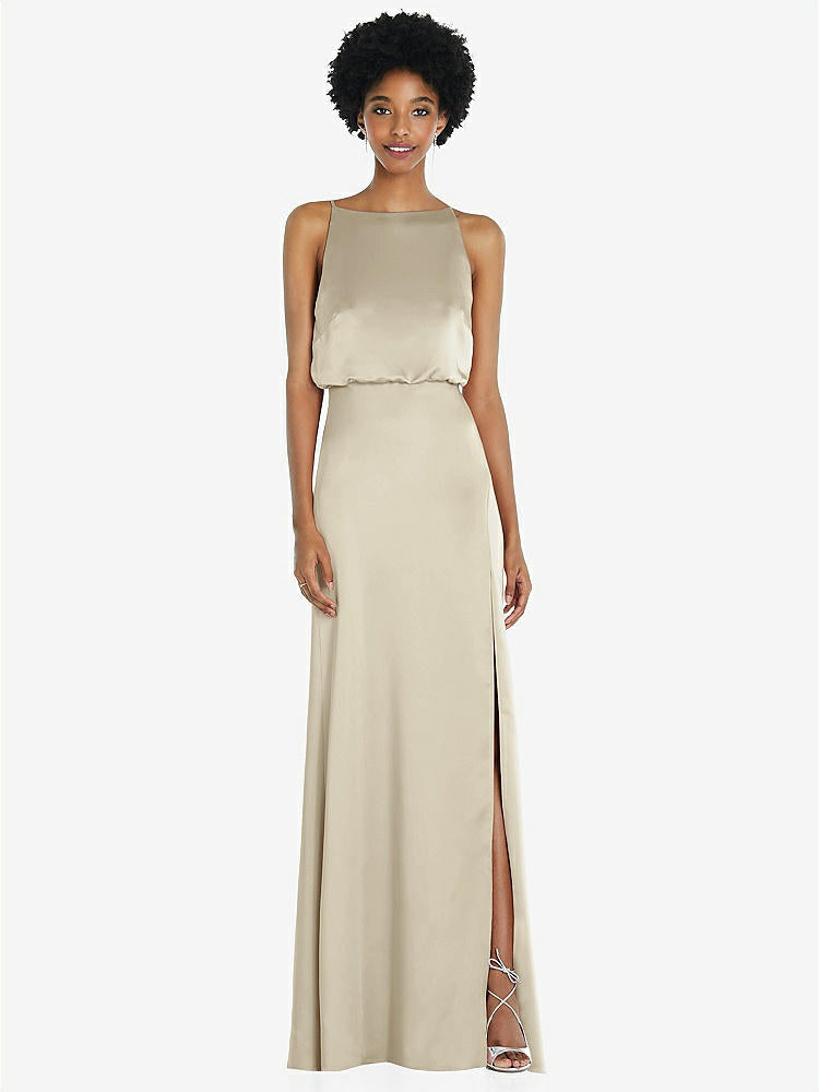 【STYLE: 8218】High-Neck Low Tie-Back Maxi Dress with Adjustable Straps【COLOR: Champagne】