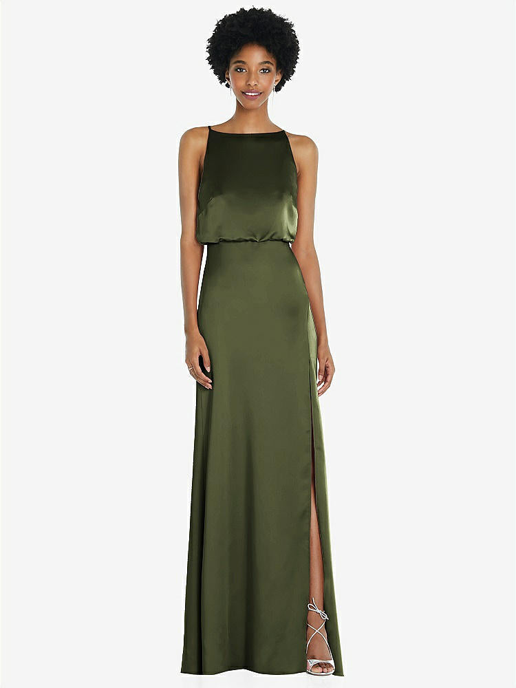 【STYLE: 8218】High-Neck Low Tie-Back Maxi Dress with Adjustable Straps【COLOR: Olive Green】