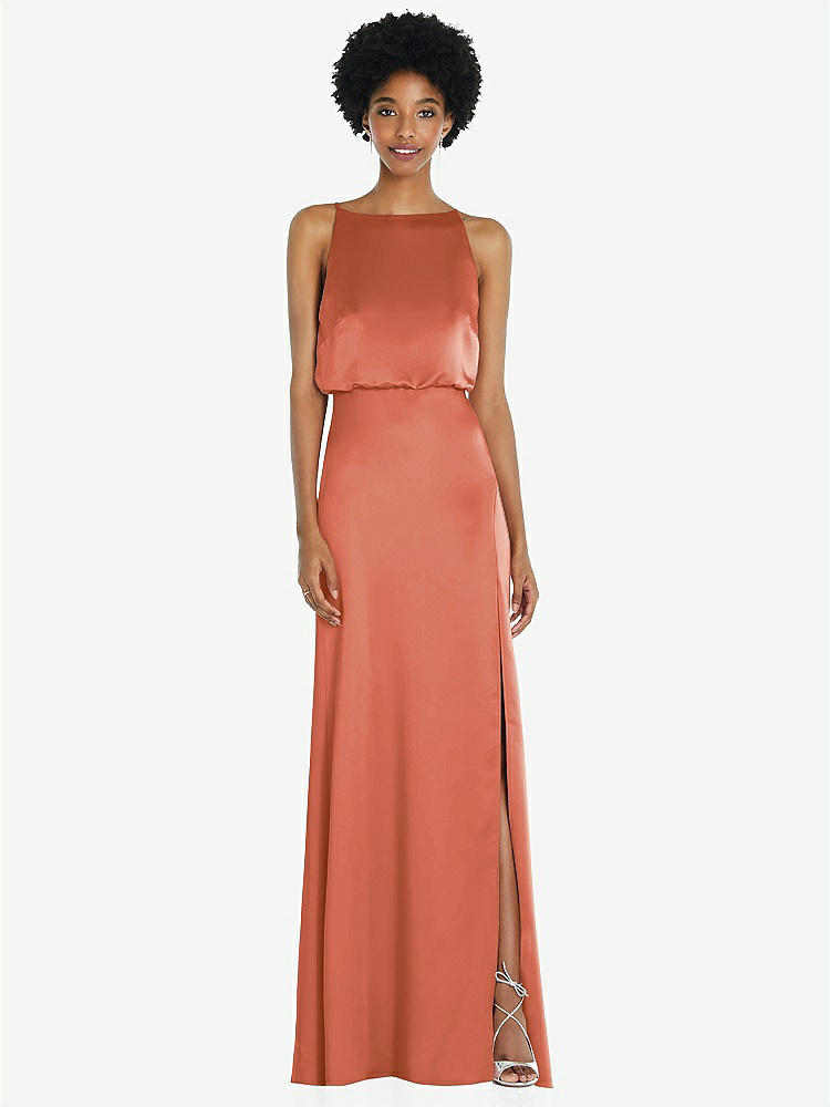 【STYLE: 8218】High-Neck Low Tie-Back Maxi Dress with Adjustable Straps【COLOR: Terracotta Copper】