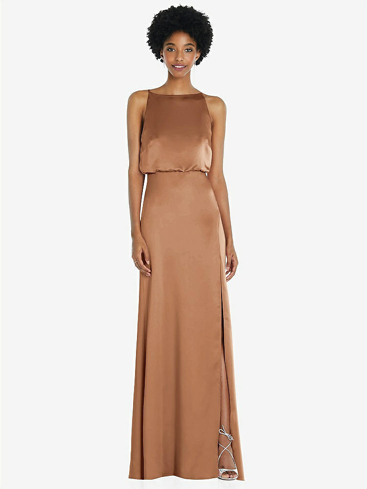 【STYLE: 8218】High-Neck Low Tie-Back Maxi Dress with Adjustable Straps【COLOR: Toffee】