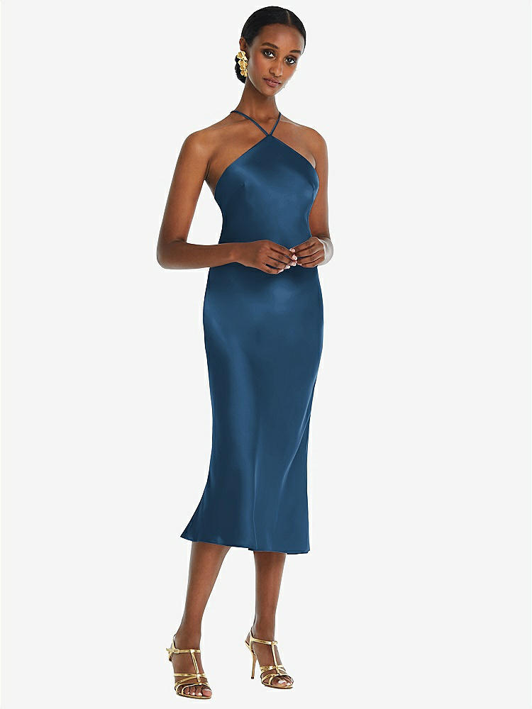 【STYLE: LB040】Diamond Halter Bias Midi Slip Dress with Convertible Straps【COLOR: Dusk Blue】