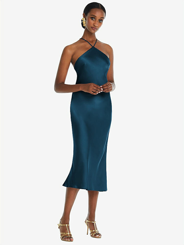 【STYLE: LB040】Diamond Halter Bias Midi Slip Dress with Convertible Straps【COLOR: Atlantic Blue】