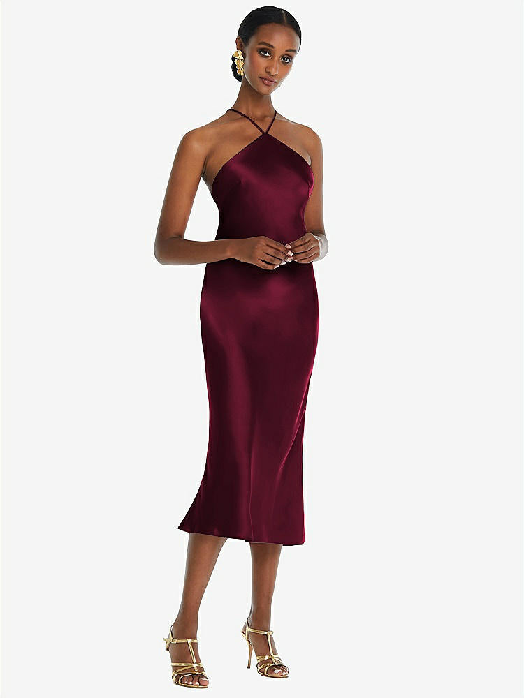 【STYLE: LB040】Diamond Halter Bias Midi Slip Dress with Convertible Straps【COLOR: Cabernet】