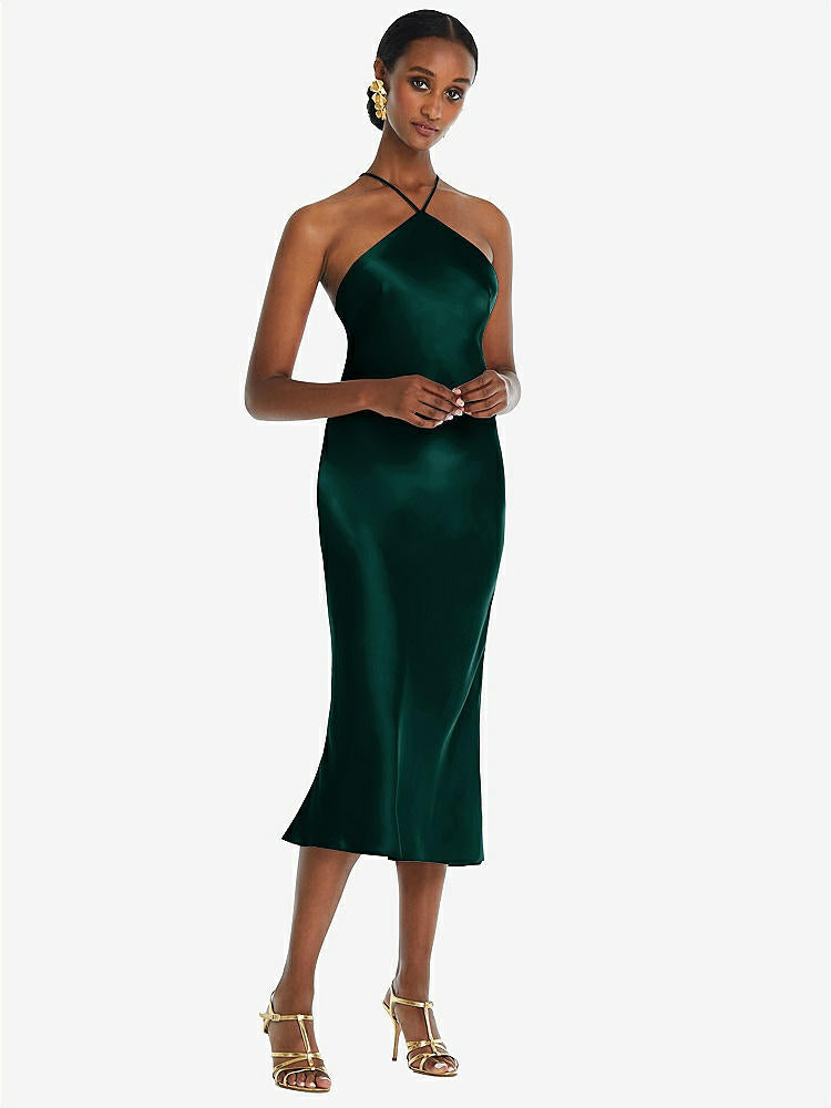 【STYLE: LB040】Diamond Halter Bias Midi Slip Dress with Convertible Straps【COLOR: Evergreen】