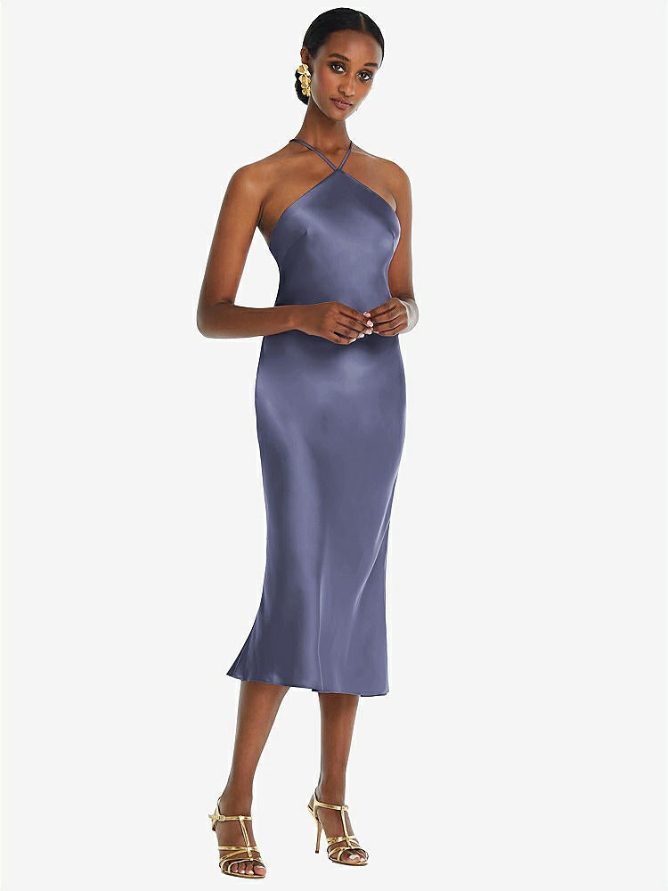 【STYLE: LB040】Diamond Halter Bias Midi Slip Dress with Convertible Straps【COLOR: French Blue】