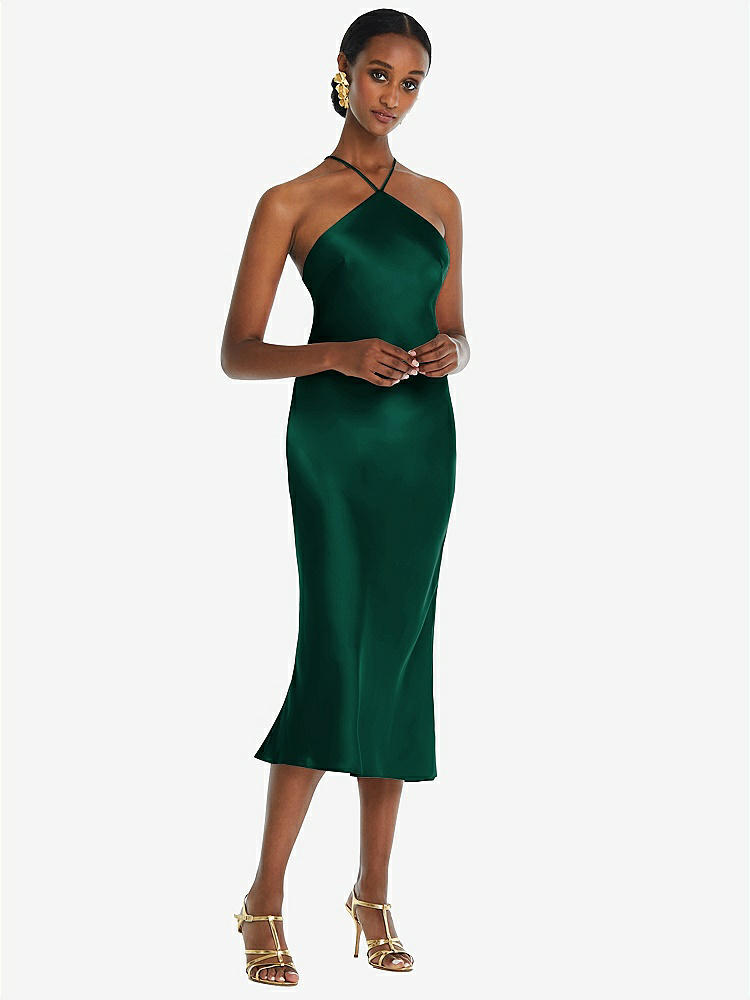 【STYLE: LB040】Diamond Halter Bias Midi Slip Dress with Convertible Straps【COLOR: Hunter Green】