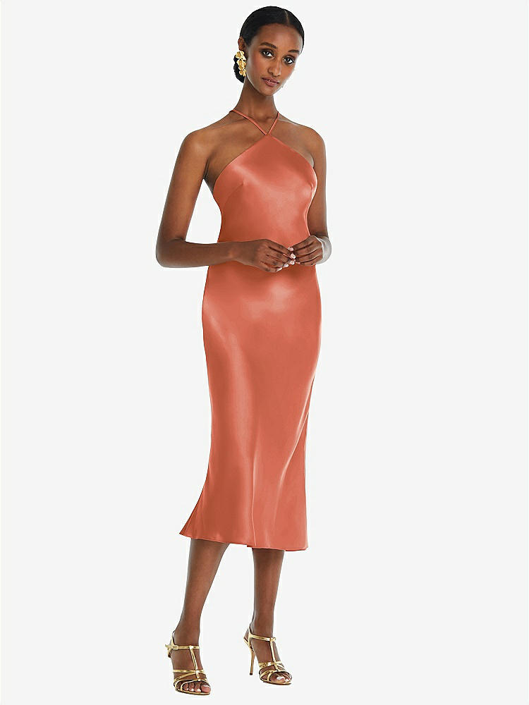 【STYLE: LB040】Diamond Halter Bias Midi Slip Dress with Convertible Straps【COLOR: Terracotta Copper】