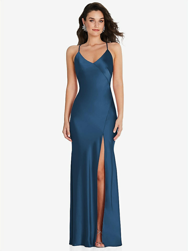 【STYLE: 6854】V-Neck Convertible Strap Bias Slip Dress with Front Slit【COLOR: Dusk Blue】