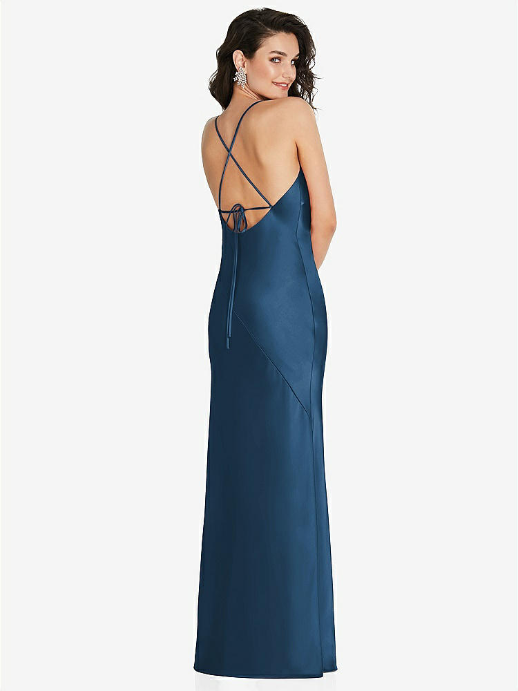 【STYLE: 6854】V-Neck Convertible Strap Bias Slip Dress with Front Slit【COLOR: Dusk Blue】