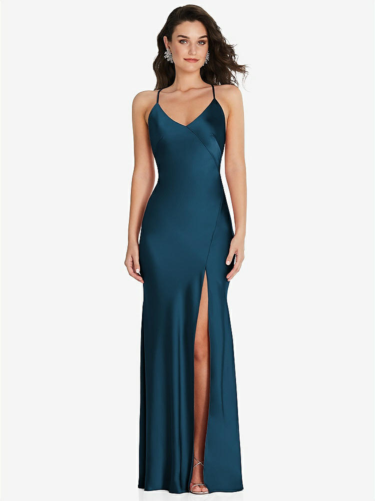 【STYLE: 6854】V-Neck Convertible Strap Bias Slip Dress with Front Slit【COLOR: Atlantic Blue】
