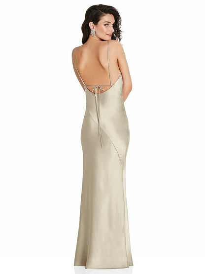 【STYLE: 6854】V-Neck Convertible Strap Bias Slip Dress with Front Slit【COLOR: Champagne】