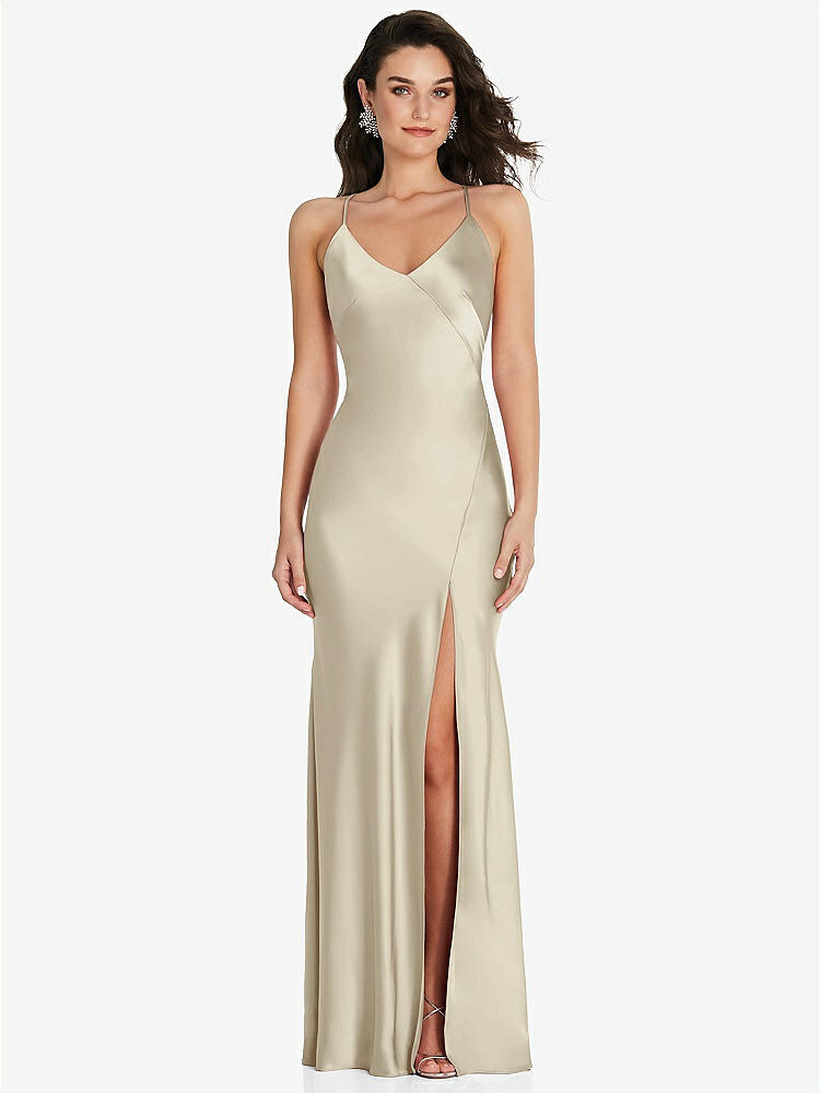 【STYLE: 6854】V-Neck Convertible Strap Bias Slip Dress with Front Slit【COLOR: Champagne】