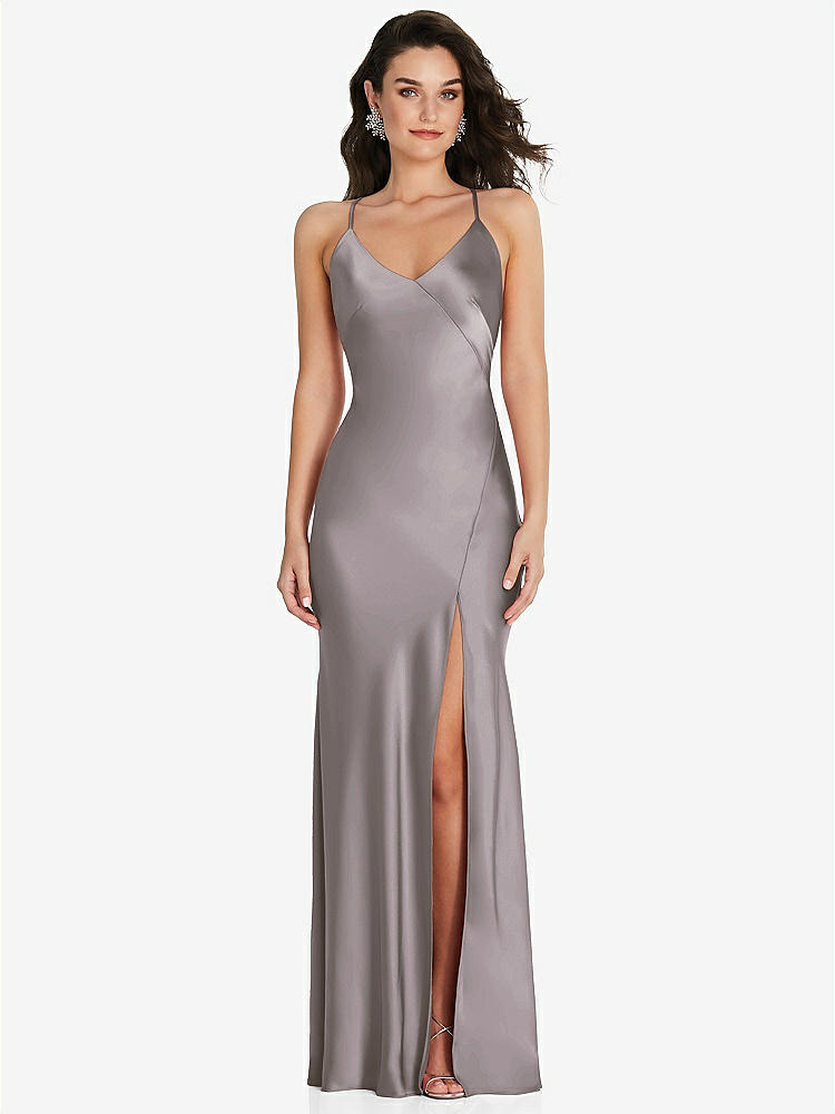 【NEW】【STYLE: 6854】Vネック コンバーチブル ストラップ バイアス スリップ ドレス 前面 スリット【COLOR: Cashmere Gray】【SIZE: 00-30W】