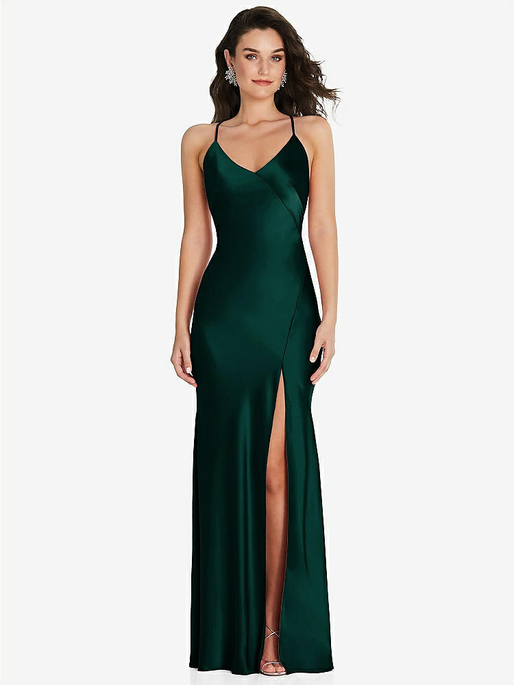【STYLE: 6854】V-Neck Convertible Strap Bias Slip Dress with Front Slit【COLOR: Evergreen】