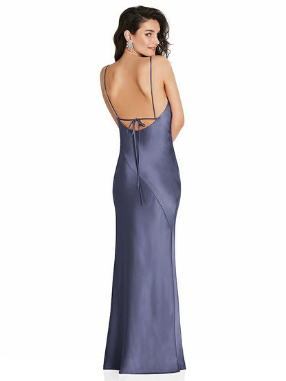 【NEW】【STYLE: 6854】Vネック コンバーチブル ストラップ バイアス スリップ ドレス 前面 スリット【COLOR: French Blue】【SIZE: 00-30W】