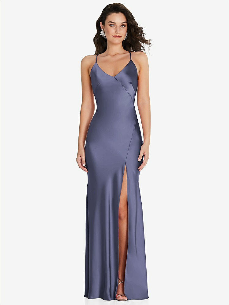 【STYLE: 6854】V-Neck Convertible Strap Bias Slip Dress with Front Slit【COLOR: French Blue】