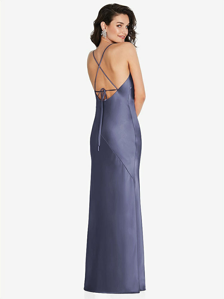 【STYLE: 6854】V-Neck Convertible Strap Bias Slip Dress with Front Slit【COLOR: French Blue】
