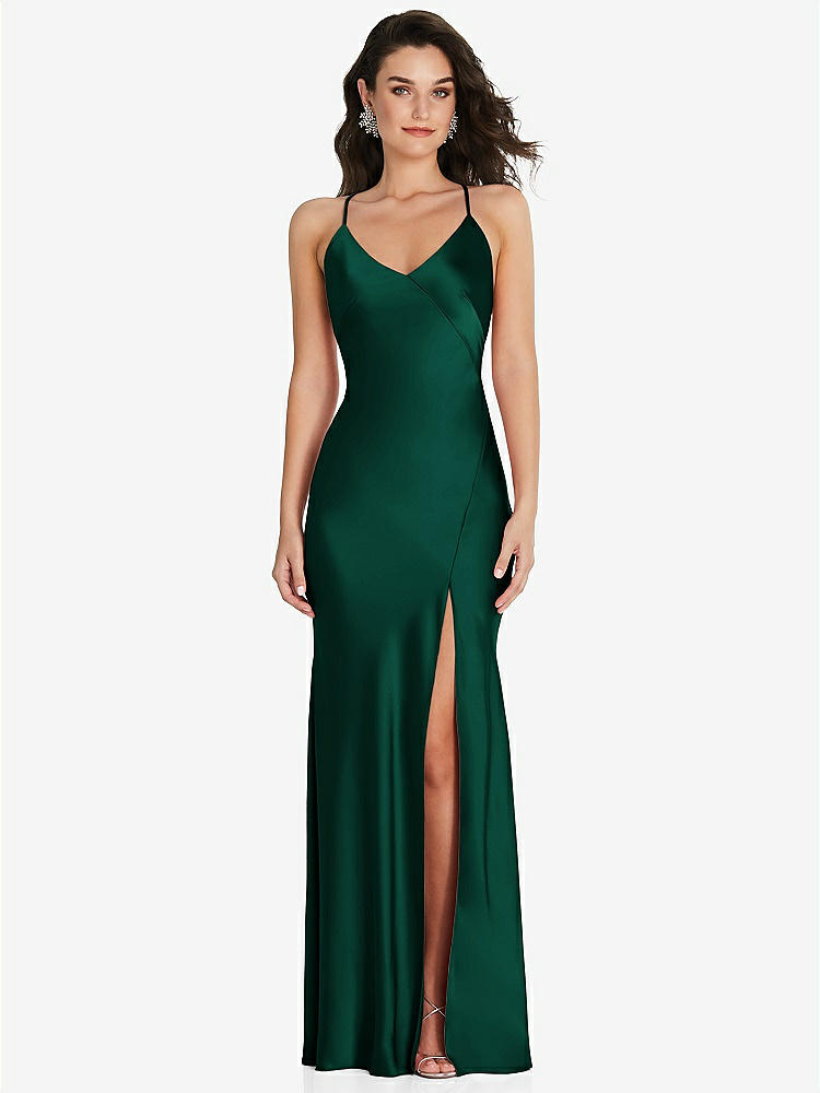 【STYLE: 6854】V-Neck Convertible Strap Bias Slip Dress with Front Slit【COLOR: Hunter Green】