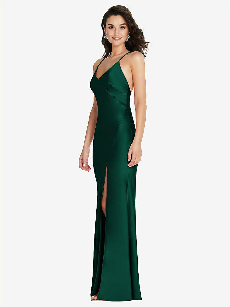 【STYLE: 6854】V-Neck Convertible Strap Bias Slip Dress with Front Slit【COLOR: Hunter Green】