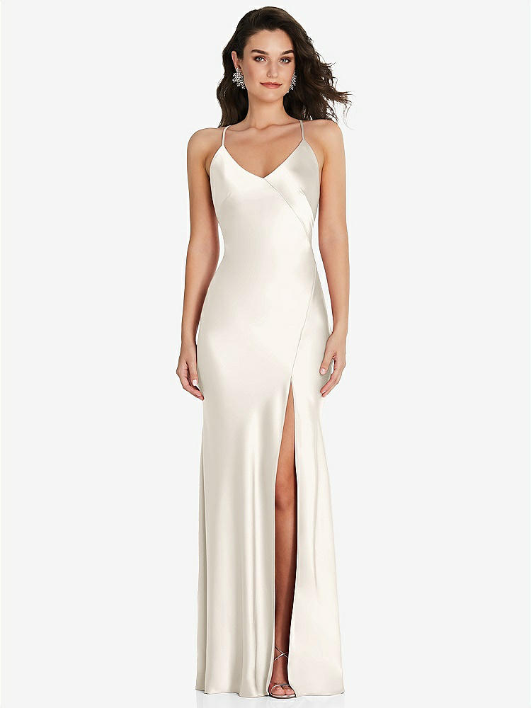 【STYLE: 6854】V-Neck Convertible Strap Bias Slip Dress with Front Slit【COLOR: Ivory】