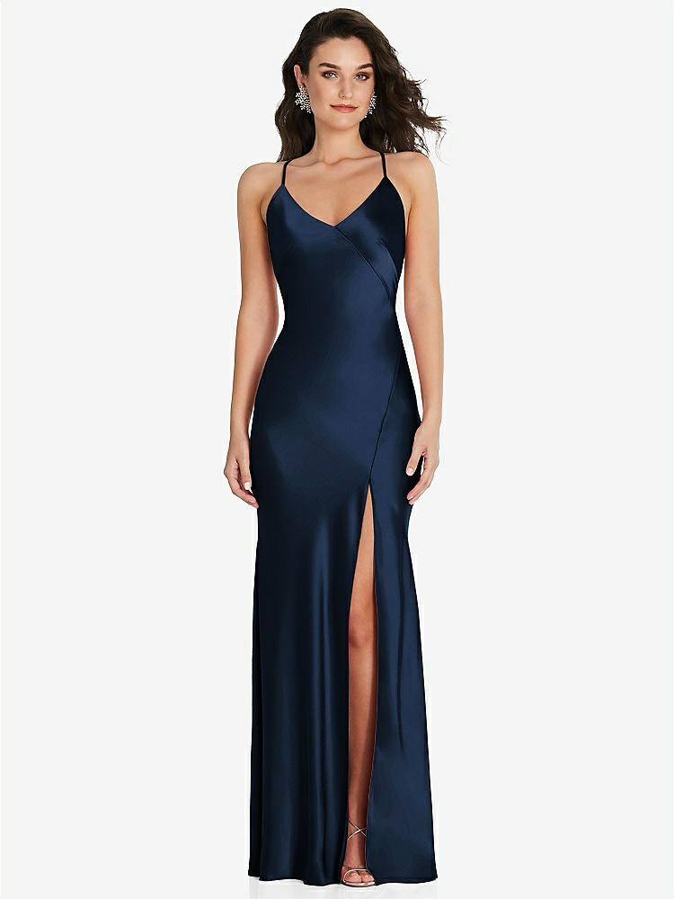 【STYLE: 6854】V-Neck Convertible Strap Bias Slip Dress with Front Slit【COLOR: Midnight Navy】