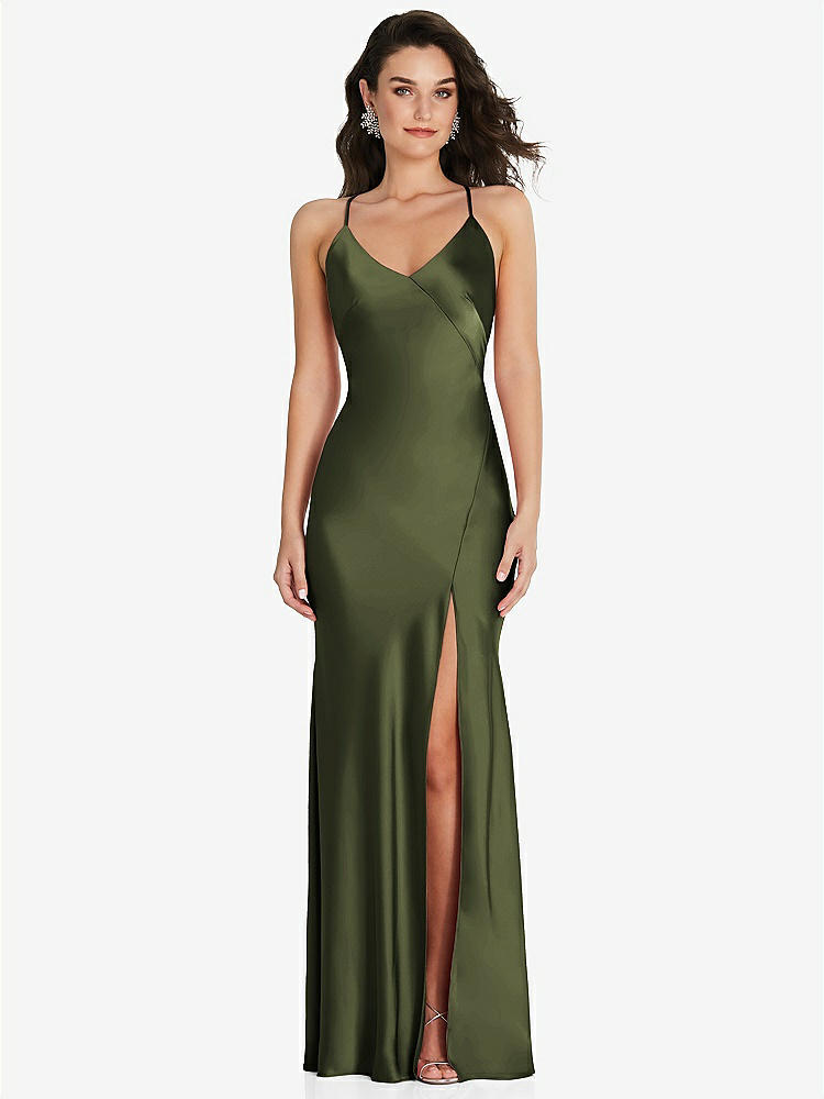 【STYLE: 6854】V-Neck Convertible Strap Bias Slip Dress with Front Slit【COLOR: Olive Green】