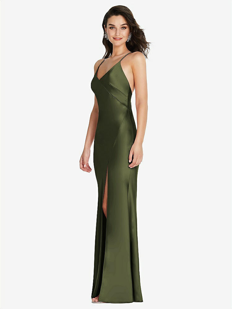 【STYLE: 6854】V-Neck Convertible Strap Bias Slip Dress with Front Slit【COLOR: Olive Green】