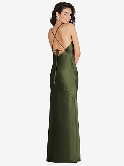 【STYLE: 6854】V-Neck Convertible Strap Bias Slip Dress with Front Slit【COLOR: Olive Green】
