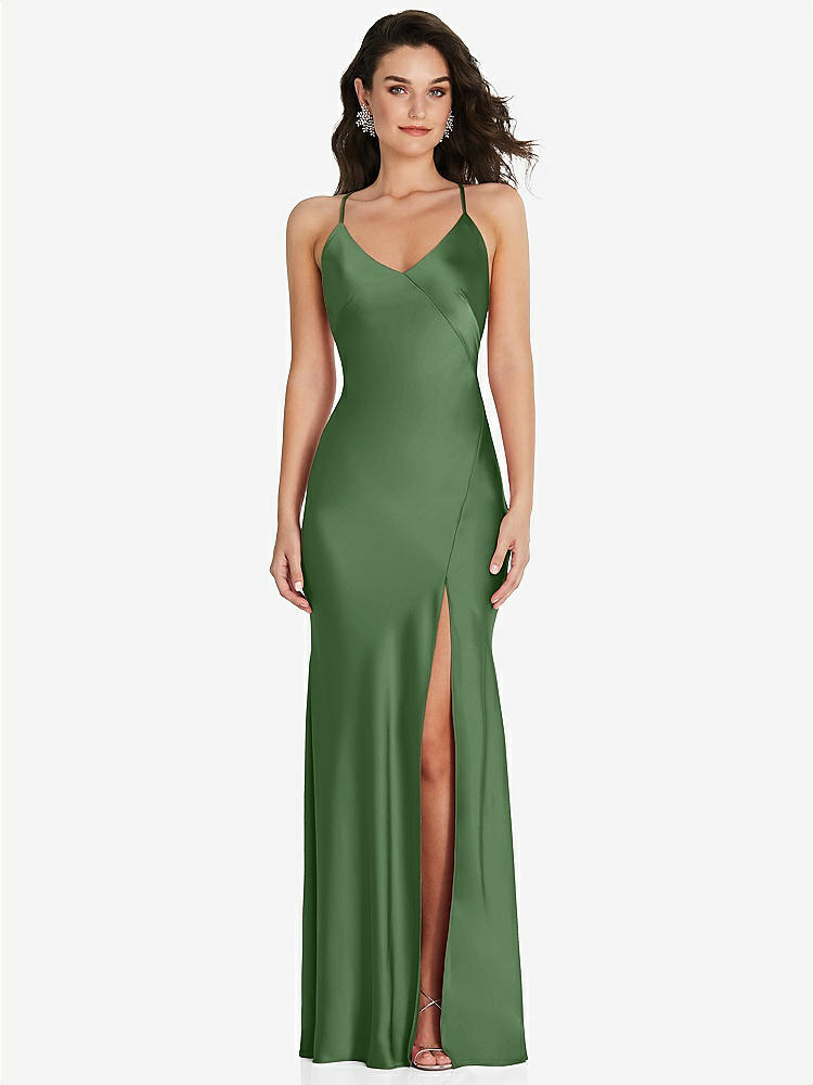 【STYLE: 6854】V-Neck Convertible Strap Bias Slip Dress with Front Slit【COLOR: Vineyard Green】