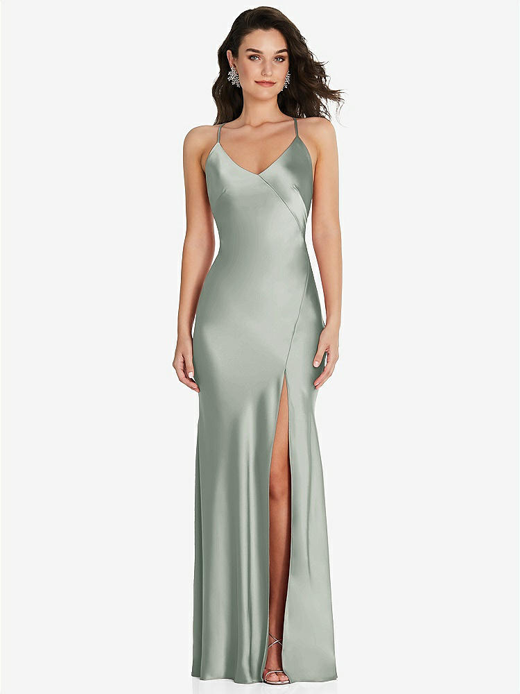 【STYLE: 6854】V-Neck Convertible Strap Bias Slip Dress with Front Slit【COLOR: Willow Green】