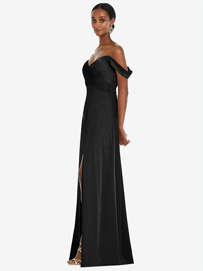 【STYLE: 3108】Off-the-Shoulder Flounce Sleeve Empire Waist Gown with Front Slit【COLOR: Black】