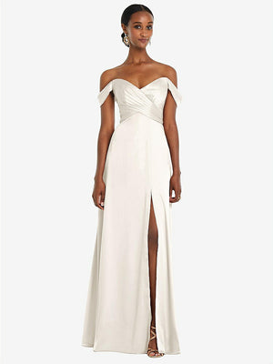 【STYLE: 3108】Off-the-Shoulder Flounce Sleeve Empire Waist Gown with Front Slit【COLOR: Ivory】