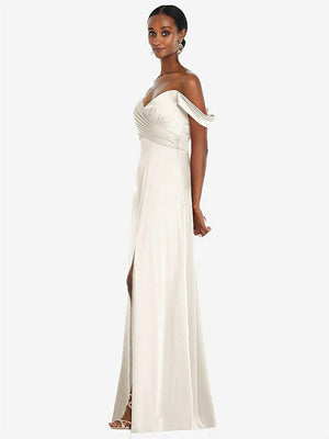 【STYLE: 3108】Off-the-Shoulder Flounce Sleeve Empire Waist Gown with Front Slit【COLOR: Ivory】