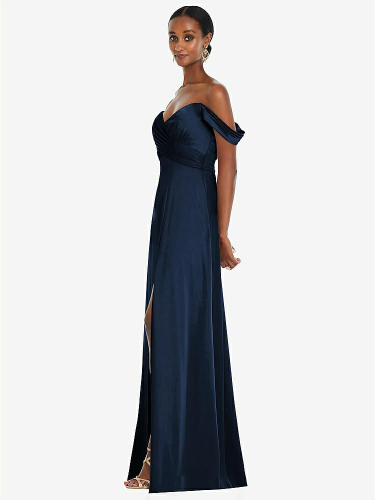 【NEW】【STYLE: 3108】オフショルダー フラウンス 袖 帝国 ウエスト ガウン フロント スリット【COLOR: Midnight Navy】【SIZE: 00-30W】