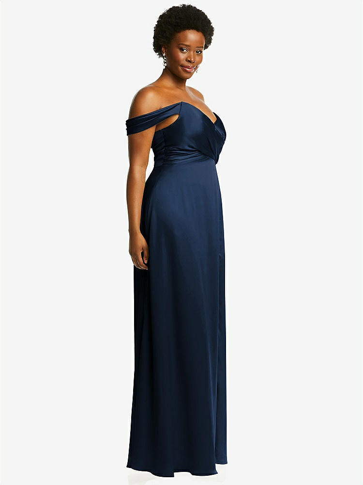 【NEW】【STYLE: 3108】オフショルダー フラウンス 袖 帝国 ウエスト ガウン フロント スリット【COLOR: Midnight Navy】【SIZE: 00-30W】