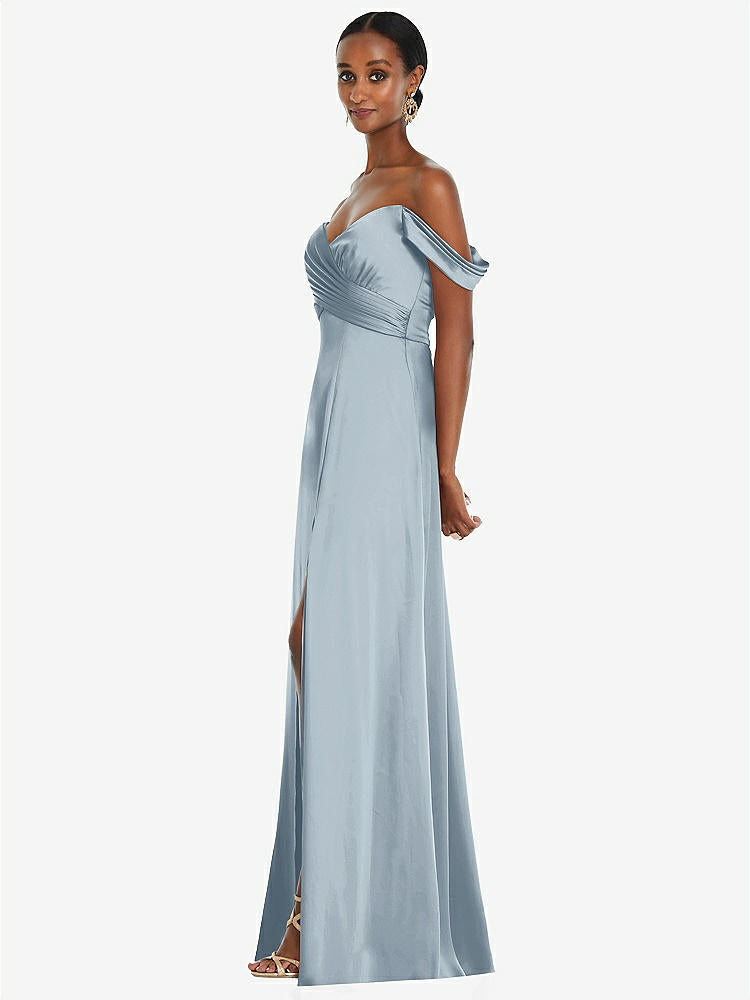 【NEW】【STYLE: 3108】オフショルダー フラウンス 袖 帝国 ウエスト ガウン フロント スリット【COLOR: Mist】【SIZE: 00-30W】