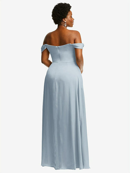 【NEW】【STYLE: 3108】オフショルダー フラウンス 袖 帝国 ウエスト ガウン フロント スリット【COLOR: Mist】【SIZE: 00-30W】
