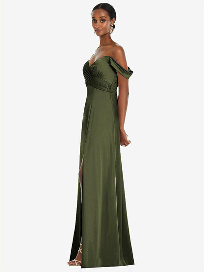 【STYLE: 3108】Off-the-Shoulder Flounce Sleeve Empire Waist Gown with Front Slit【COLOR: Olive Green】