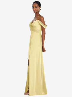 【STYLE: 3108】Off-the-Shoulder Flounce Sleeve Empire Waist Gown with Front Slit【COLOR: Pale Yellow】