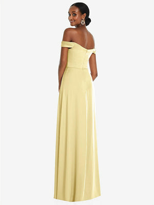 【STYLE: 3108】Off-the-Shoulder Flounce Sleeve Empire Waist Gown with Front Slit【COLOR: Pale Yellow】
