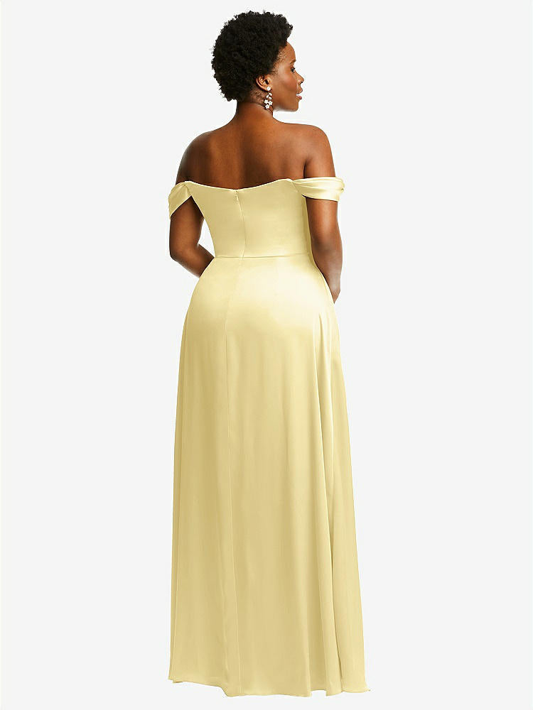 【NEW】【STYLE: 3108】オフショルダー フラウンス 袖 帝国 ウエスト ガウン フロント スリット【COLOR: Pale Yellow】【SIZE: 00-30W】