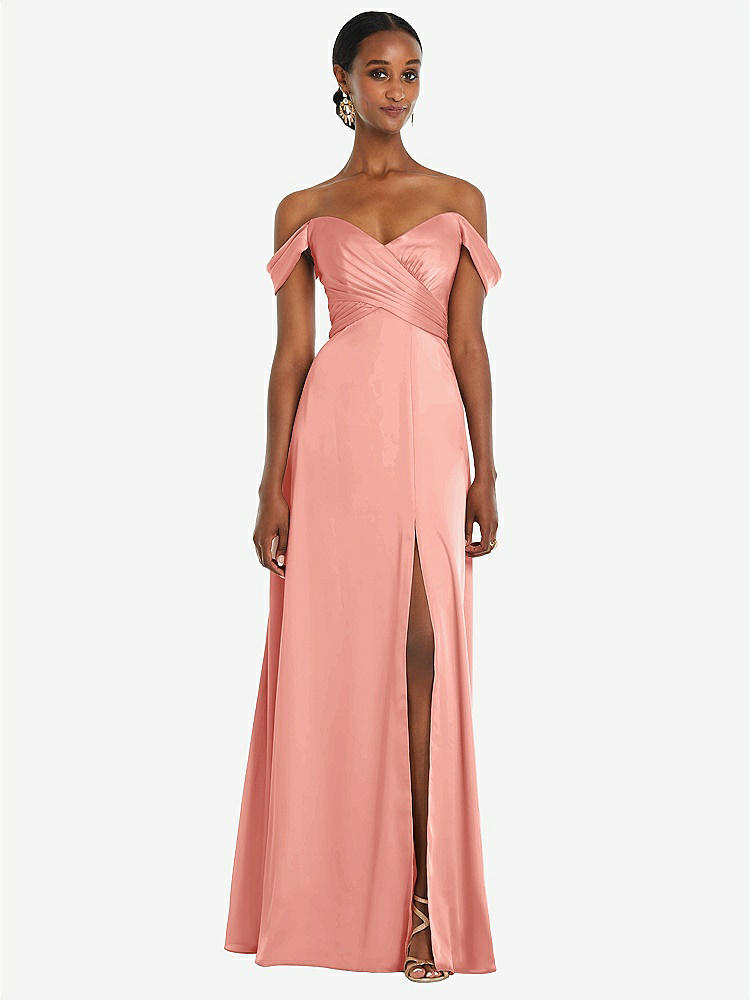 【STYLE: 3108】Off-the-Shoulder Flounce Sleeve Empire Waist Gown with Front Slit【COLOR: Rose - PANTONE Rose Quartz】