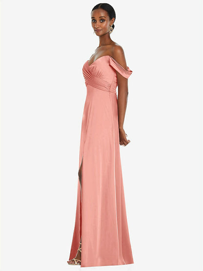 【STYLE: 3108】Off-the-Shoulder Flounce Sleeve Empire Waist Gown with Front Slit【COLOR: Rose - PANTONE Rose Quartz】