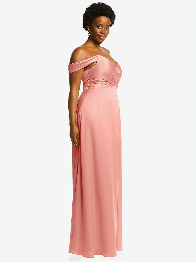 【STYLE: 3108】Off-the-Shoulder Flounce Sleeve Empire Waist Gown with Front Slit【COLOR: Rose - PANTONE Rose Quartz】