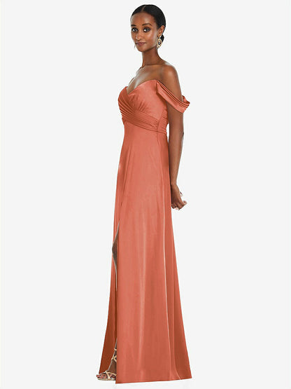 【STYLE: 3108】Off-the-Shoulder Flounce Sleeve Empire Waist Gown with Front Slit【COLOR: Terracotta Copper】