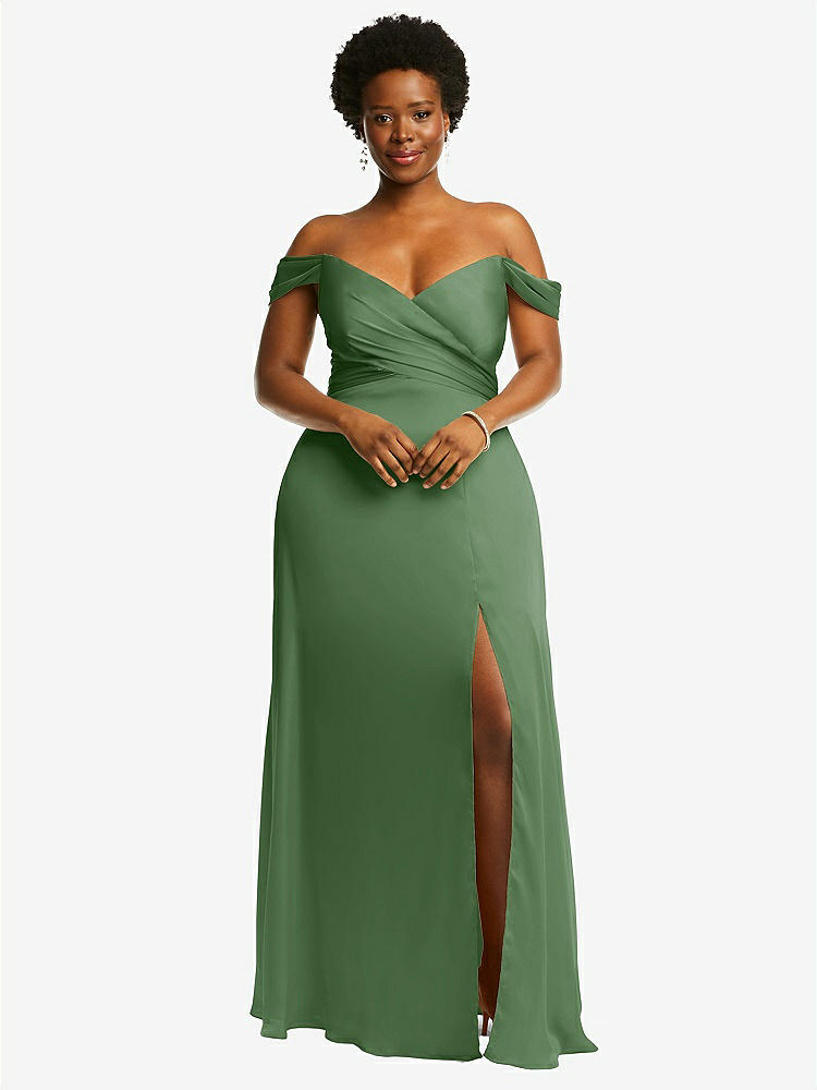 【STYLE: 3108】Off-the-Shoulder Flounce Sleeve Empire Waist Gown with Front Slit【COLOR: Vineyard Green】