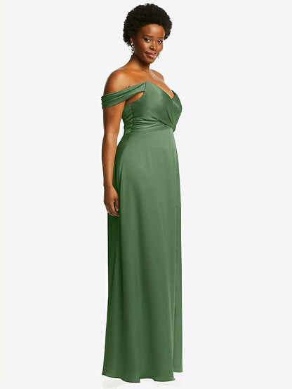 【STYLE: 3108】Off-the-Shoulder Flounce Sleeve Empire Waist Gown with Front Slit【COLOR: Vineyard Green】